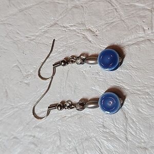 Blue flat bead dangle earrings
